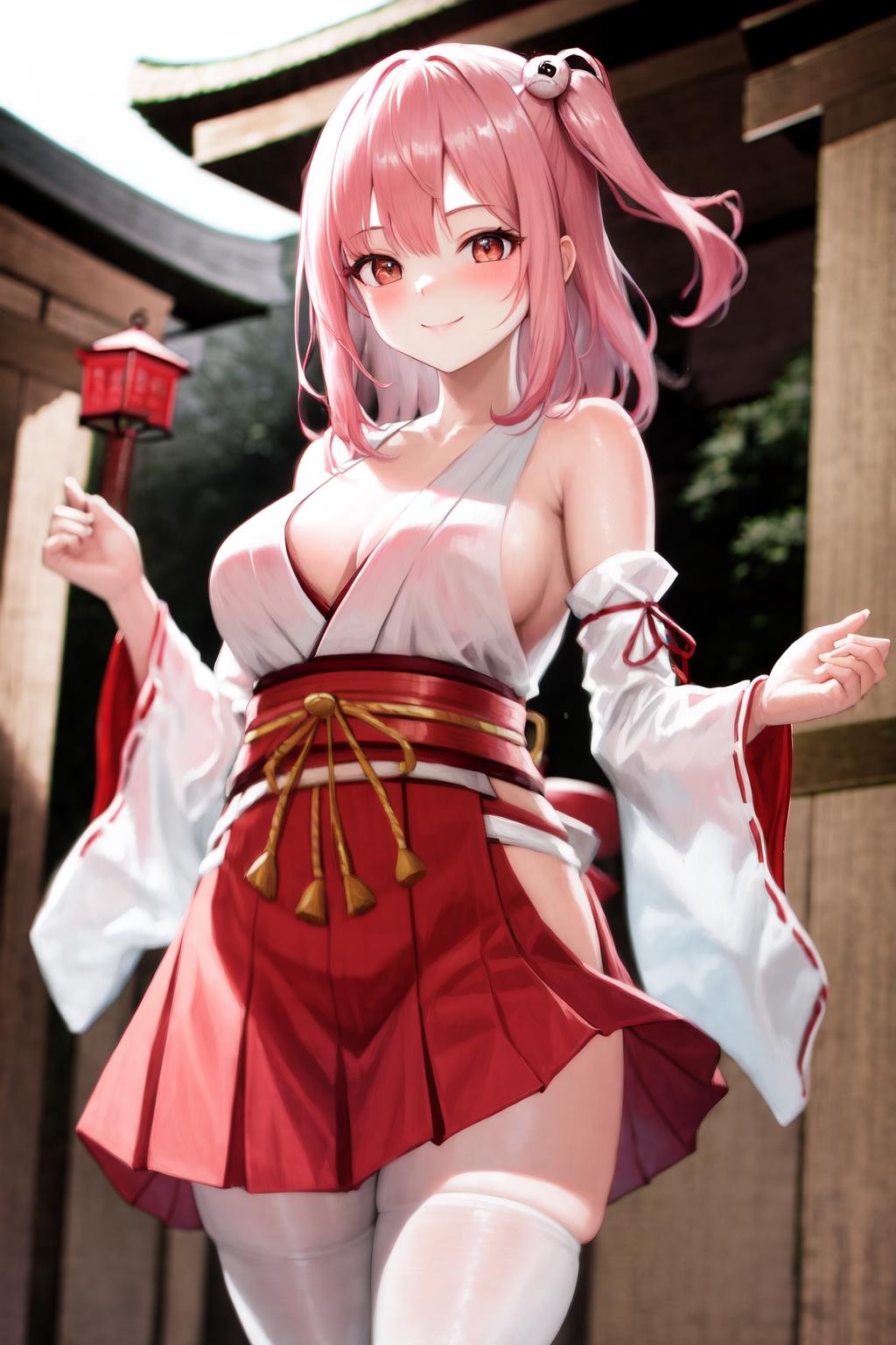 masterpiece, best quality, highres, 1girl, honoka, miko, hakama skirt, standing, shrine, smile <lora:doa_honoka:1.0>