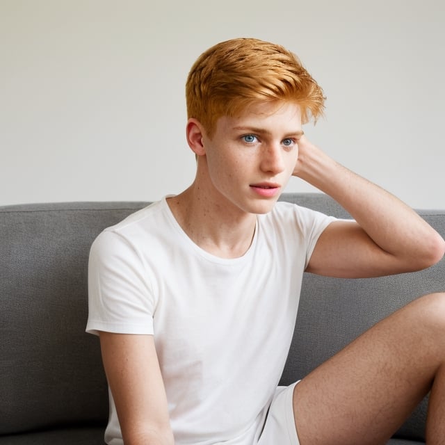 closeup, a handsome teen sitting on sofa at home, smile, sharp focus, detailed face, wear white t-shirt, short hair, male_only, add noise, sharp skin, masterpiece, photorealistic, best, best quality, male,handsome, Ginger Irish,