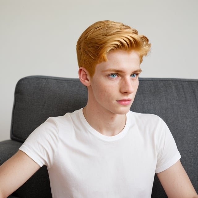 closeup, a handsome teen sitting on sofa at home, smile, sharp focus, detailed face, wear white t-shirt, short hair, male_only, add noise, sharp skin, masterpiece, photorealistic, best, best quality, male,handsome, Ginger Irish,