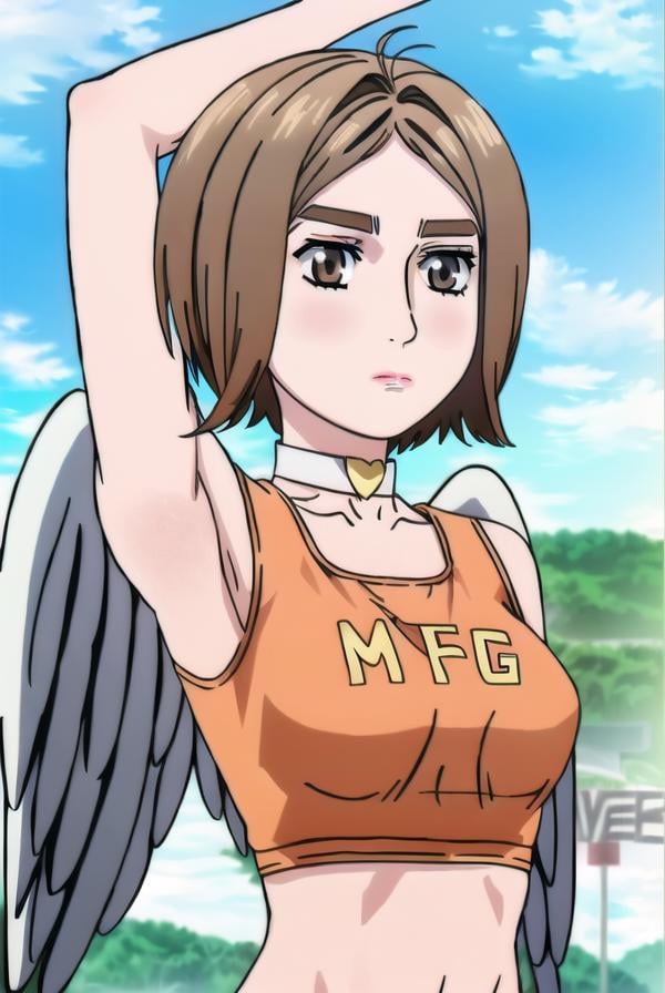 <lora:mfgRen_v1-000012:1>mfgang, 1girl, solo, short_hair, brown_hair, brown_eyes, upper_body, wings, sky, choker, day, cloud, armpits, arms_up, blue_sky, crop_top