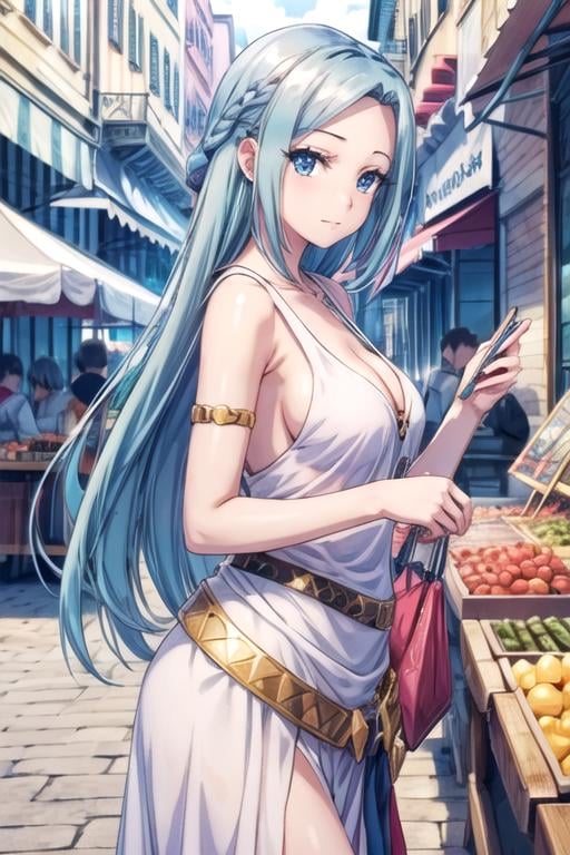 masterpiece, best quality, game cg, 1girl, solo, looking at viewer, , , anime coloring, , <lora:olivia_servant:0.66>, olivia_servant, blue hair, blue eyes, , market stall, High resolution