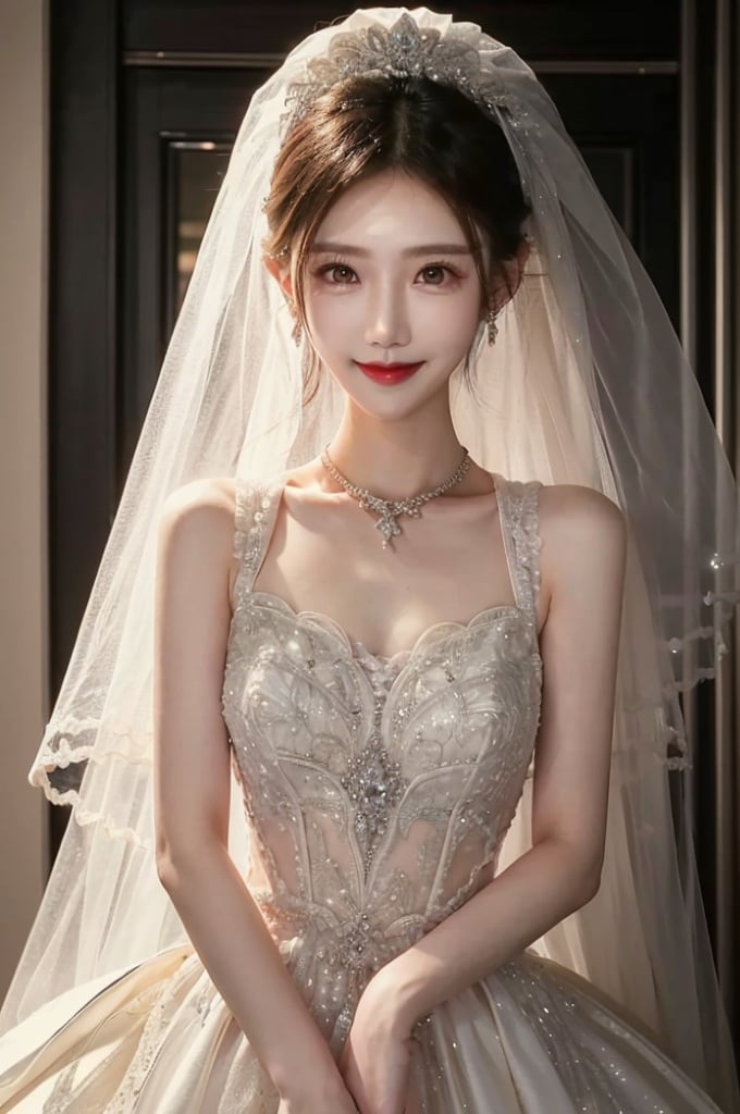 hunsha, 1girl, veil, solo, jewelry, bridal veil, black hair, realistic, earrings, necklace, bride, looking at viewer, smile, red lips