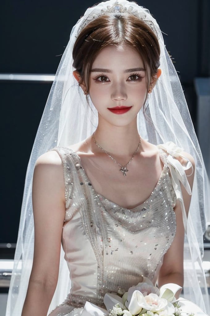 ((Good anatomical structure)), HDR, UHD, 8K, A real person, Highly detailed, best quality, masterpiece, 1boy, realistic, Highly detailed, (EOS R8, 50mm, F1.2, 8K, RAW photo:1.2), ultra realistic 8k,hunsha, 1girl, veil, solo, jewelry, bridal veil, black hair, realistic, earrings, necklace, bride, looking at viewer, smile, red lips,emma