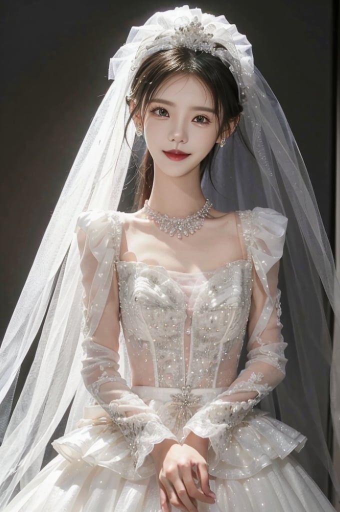 hunsha, 1girl, veil, solo, jewelry, bridal veil, black hair, realistic, earrings, necklace, bride, looking at viewer, kind smile, red lips,,,zhangyuxi