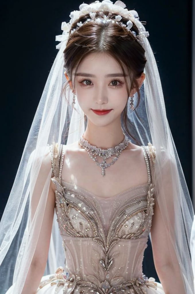 ((Good anatomical structure)), HDR, UHD, 8K, A real person, Highly detailed, best quality, masterpiece, 1boy, realistic, Highly detailed, (EOS R8, 50mm, F1.2, 8K, RAW photo:1.2), ultra realistic 8k,hunsha, 1girl, veil, solo, jewelry, bridal veil, black hair, realistic, earrings, necklace, bride, looking at viewer, kind smile, red lips,,,hanyue,xinjiang