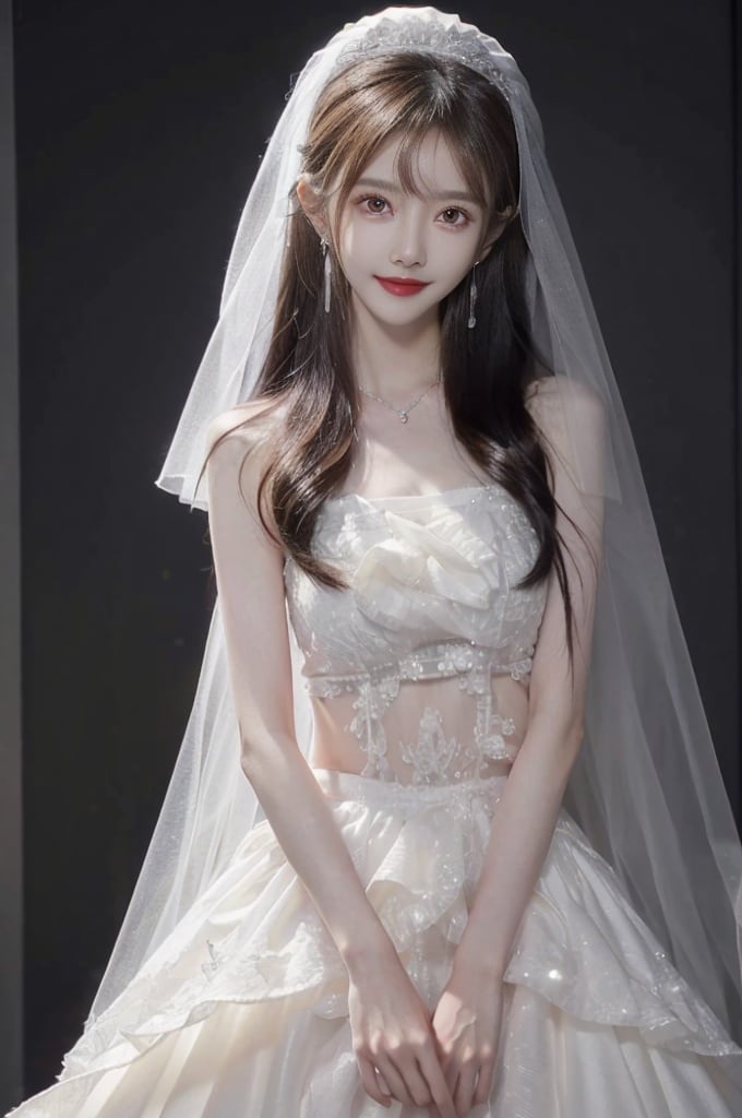 hunsha, 1girl, veil, solo, jewelry, bridal veil, black hair, realistic, earrings, necklace, bride, looking at viewer, kind smile, red lips,wangyushan