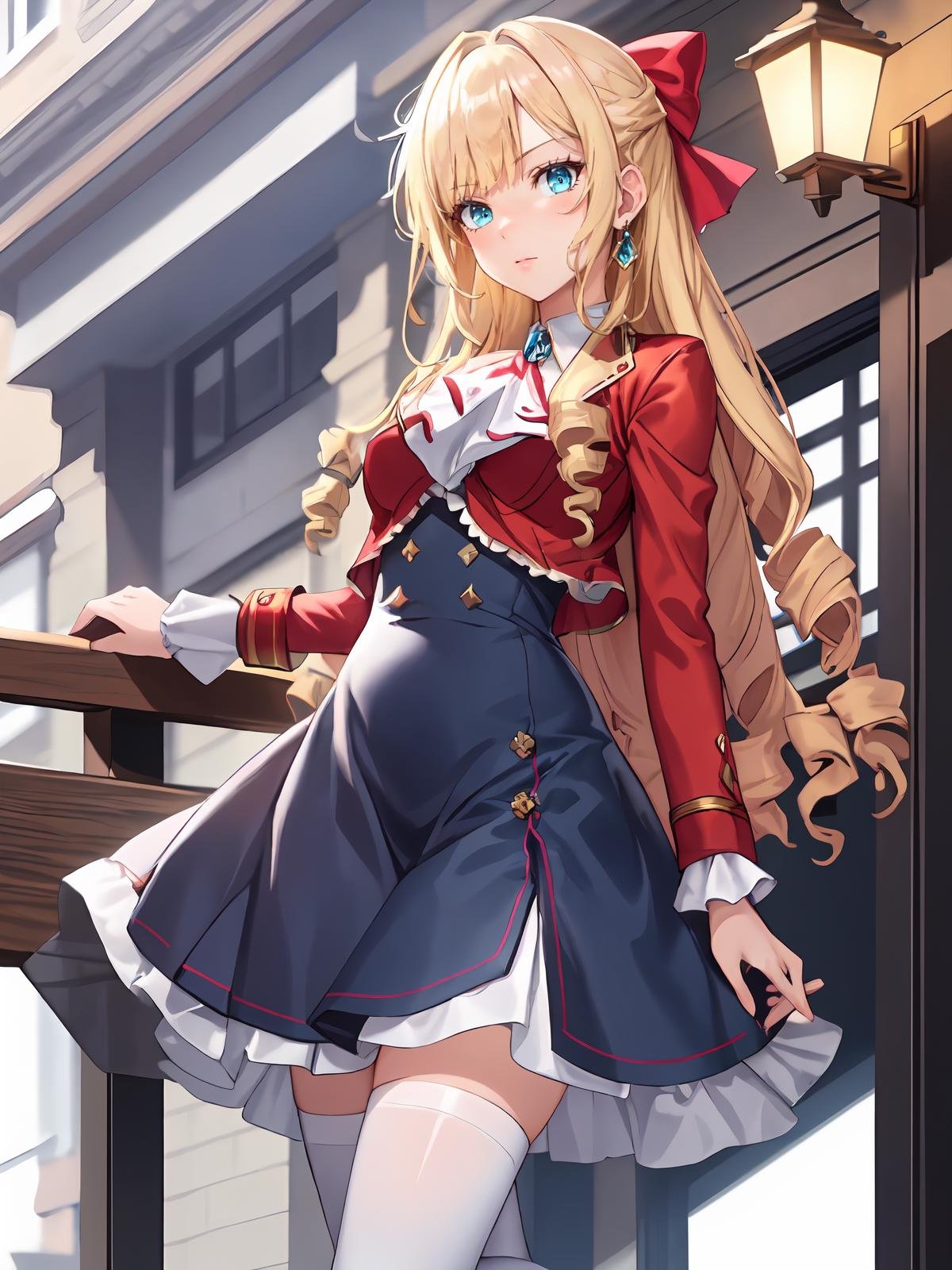 (extremely detailed CG), (best quality), perfect face, shiny skin, lustrous skin,wide hips,   1girl,solo ,   <lora:Claire-10:0.8> ClaireFran,long sleeves, jewelry,bangs, ascot,ribbon,brooch,(red jacket:1),drill hair, hair bow, blue eyes, bow,blonde hair, long hair,drill hair,blue long skirt,full body,white thighhighs, 