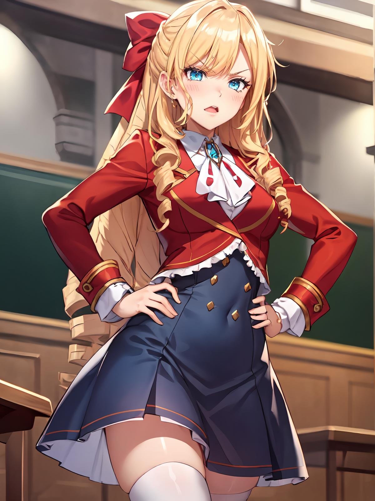 (extremely detailed CG), (best quality), perfect face, shiny skin, lustrous skin,wide hips,   1girl,solo ,   <lora:Claire-10:0.7> ClaireFran,long sleeves, jewelry,bangs, ascot,ribbon,brooch,(red jacket:1.3),drill hair, hair bow, blue eyes, bow,blonde hair, long hair,drill hair,(blue skirt:1),full body,white thighhighs, angry, disgusted,hands on hips,school background,