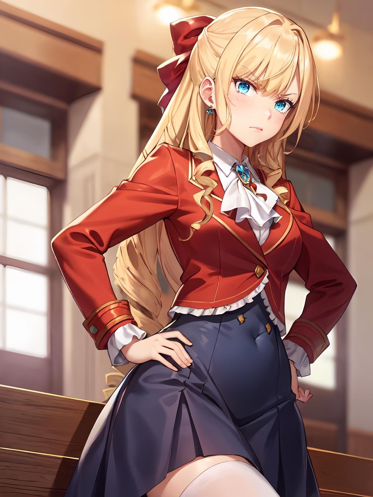 (extremely detailed CG), (best quality), perfect face, shiny skin, lustrous skin,wide hips,   1girl,solo ,   <lora:Claire-10:0.7> ClaireFran,long sleeves, jewelry,bangs, ascot,ribbon,brooch,(red jacket:1.3),drill hair, hair bow, blue eyes, bow,blonde hair, long hair,drill hair,blue long skirt,full body,white thighhighs, angry, disgusted,hands on hips
