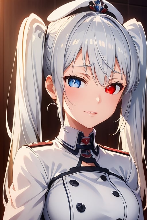 1girl,extremely_detailed_eyes_and_face,,,white queen, clock eyes, white hair, bangs, low twintails, (right red eyes:1.2), (left blue eyes:1.2), heterochromia, (small breast:1.2), white military dress, white admiral's cap, white gloves, heeled boots, long white hair, tied, symmetrical twintails,,upper body, standing, looking at viewer, crossed arms,