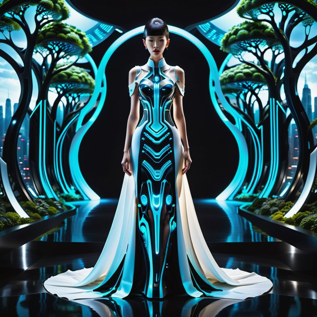 In a world where nature and technology converge in a breathtaking symphony of 'Bio-Mechanical Harmony,' imagine a character donning the captivating Bio-Mechanical Harmony dress. The setting is a futuristic cityscape where skyscrapers intertwine with colossal, biomechanical trees.

As the character walks through this surreal landscape, the dress comes alive, blending seamlessly with the environment. Its fabric is a fusion of living and synthetic materials, illuminated by bioluminescent veins that pulsate like the city's heartbeat. The dress is a symbol of the balance between the organic and the mechanical, a testament to the world's unique coexistence of nature and technology.

Tell the story of this character as they navigate this remarkable world while wearing the Bio-Mechanical Harmony dress. Describe the dress's interaction with the environment and how it reflects the unity of nature and technology in this futuristic setting.