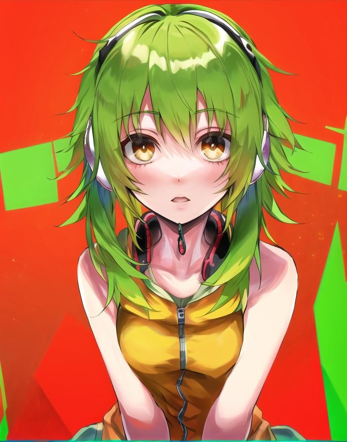 Gumi, solo, ((focus on face)), looking at viewer, white background  <lora:Gumi_V1-01:0.6>,  earphones, 