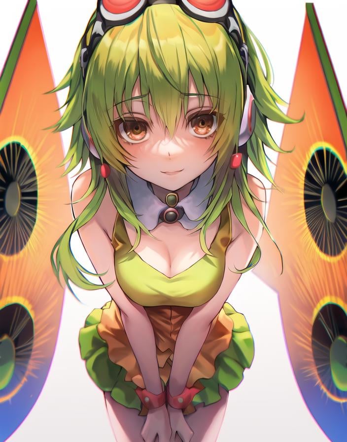 Gumi, solo, ((focus on face)), looking at viewer, white background  <lora:Gumi_V1-01:0.6>,  earphones, 