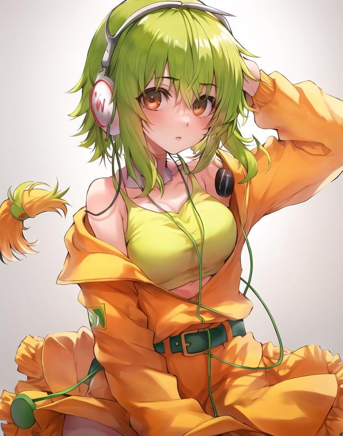 Gumi, solo, ((focus on face)), looking at viewer, white background  <lora:Gumi_V1-01:0.6>,  earphones, 