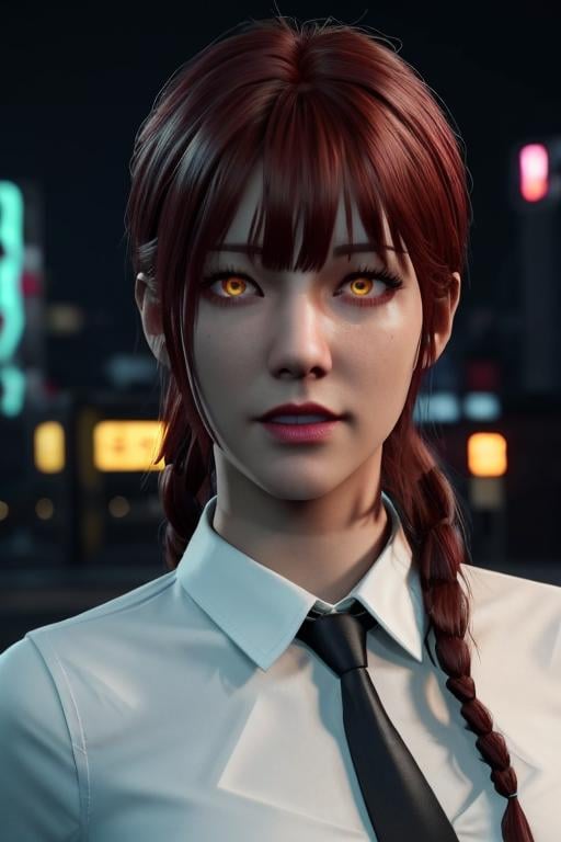 3d,cgi masterpiece, best quality, girl, menacing, full makeup, (ulzzang-6500:0.5), makima \(chainsaw man\),  photorealistic render, upperbody, low lighting, big city, attractive face,   <lora:makima_offset:0.7> red hair)+(long braided hair)+(bangs), yellow eyes, golden eyes, ((ringed eyes)), (white shirt), (necktie) <lora:Unreal Engine Render:0.6> unreal engine render, ray tracing, unreal engine, 3d render, metahuman,  neon lights, detailed background, city lights, videogame render, japanese