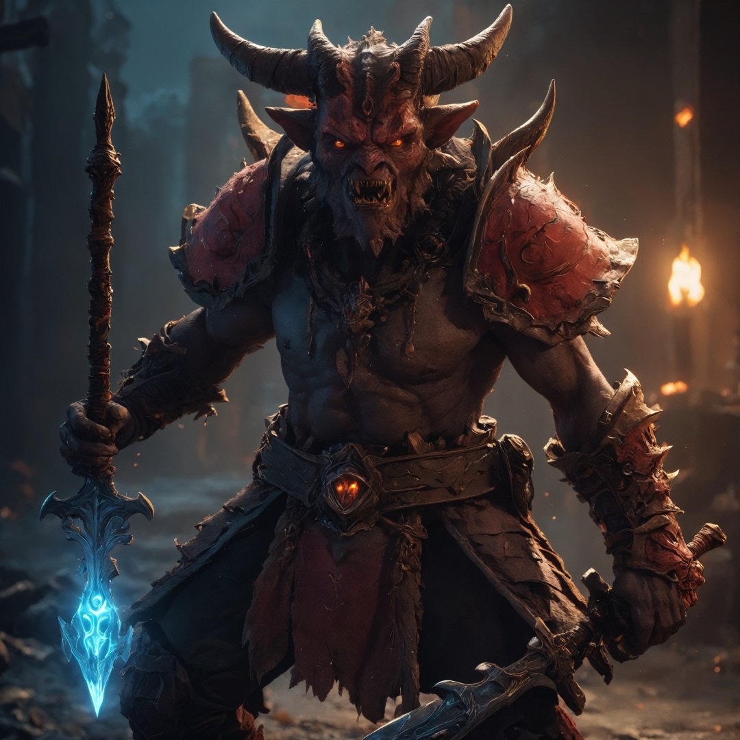 A cute demon warrior, colorful, clutter, ultra detailed, mysterious, scary, perfect environment, cinematic lighting, product photography, unreal engine, 8K