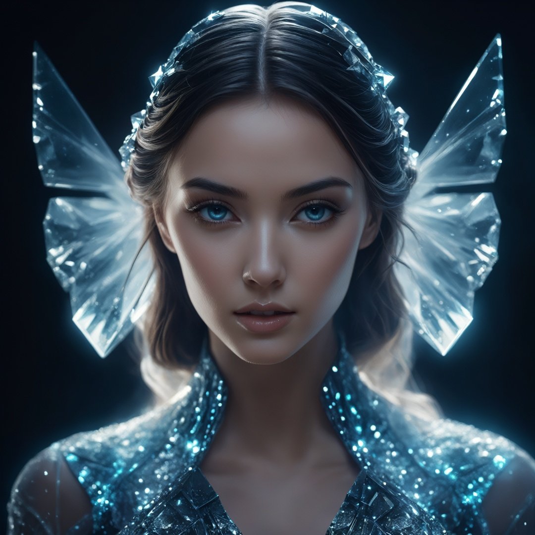 cinematic, fashion photo of a beautiful girl in the style of neomorphism, the transformation of minerals into polymorphs, glowing crystals, hyper detailed, photorealistic, detailed glow, ambient occlusion, ambient light