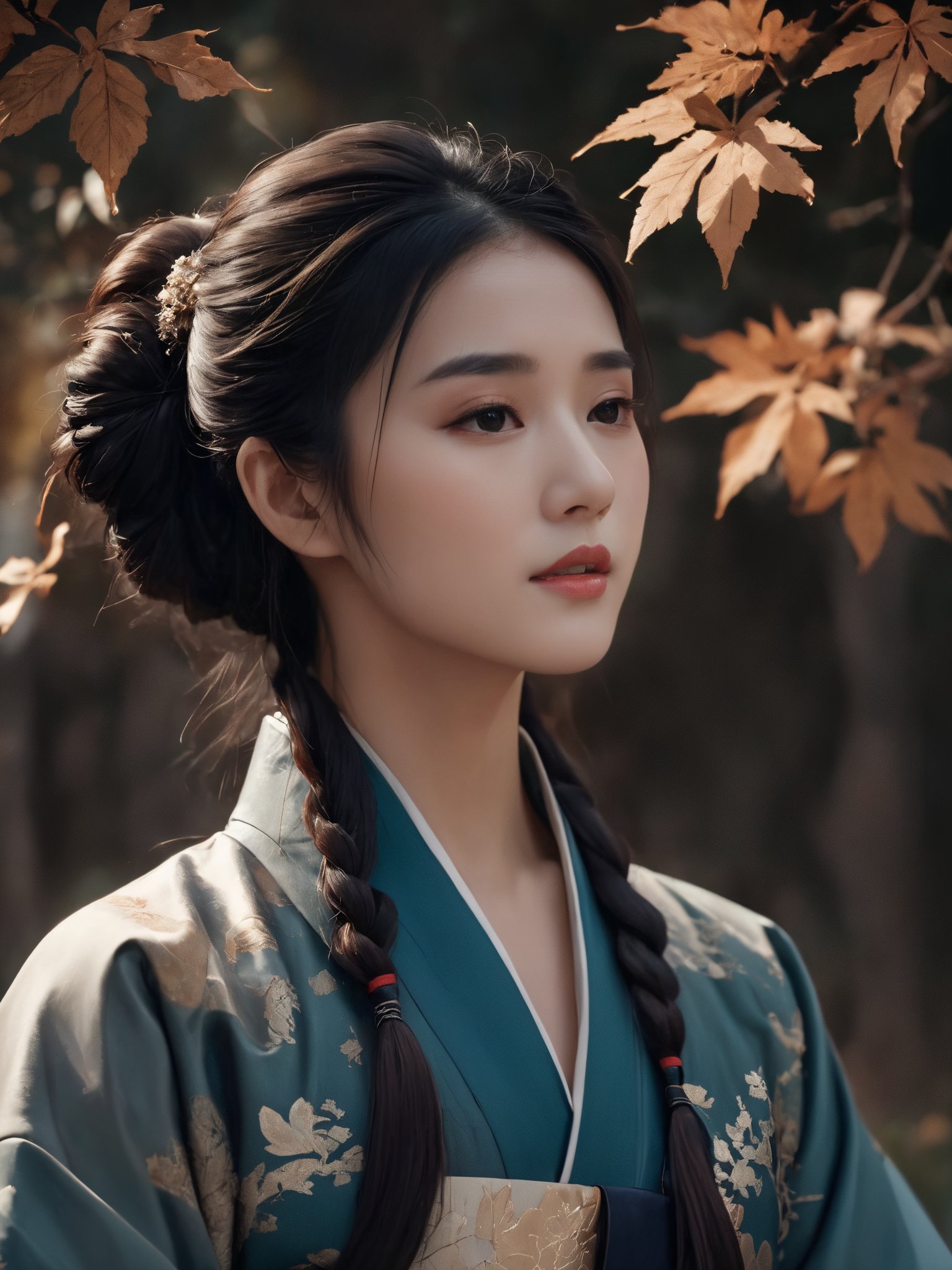  Fashion editorial style a asian girl with hanfu ruqun,Jin style, joint brand, ribbon, Withered leaves, old vines, plant illustration, splash ink,High fashion, trendy, stylish, editorial, magazine style, professional, highly detailed, cinematic lighting, Dramatic lighting, light master