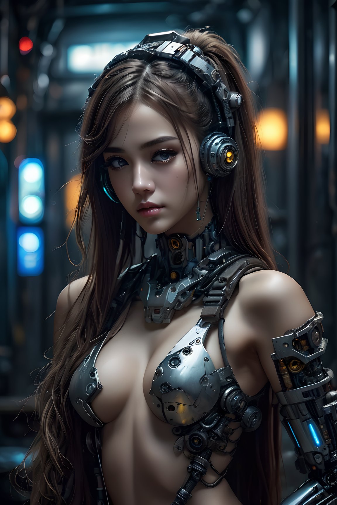  (best quality, masterpiece, colorful, dynamic angle, highest detailed)upper body photo, full body photo, fashion photography of cute 1girl, mechanical arms, cyborg, dark mood, dystopia, glowing, looking at viewer, sitting, long hair, bokeh (intricate details, hyperdetailed:1.15), detailed, moonlight passing through hair, (official cyberpunk art, extreme detailed, highest detailed), HDR+,light master