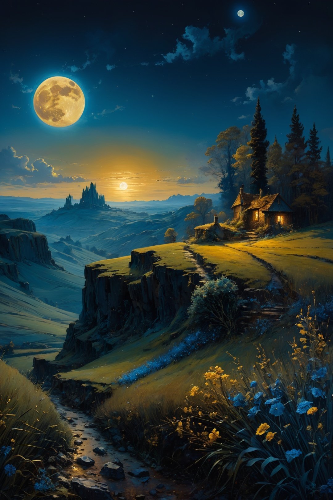  landscape by Gustave Moreau, Thomas Kinkade, James Gurney. Carne Griffiths. Frank Frazetta. van gogh, Alberto Sevesooil paint, masterpiece, Realistic, deep colors, blue tint, only bronze gold moon, night scenery, fields, Field, Intricate, detailed, sharp, clear, Better image quality, harsh brush strokes