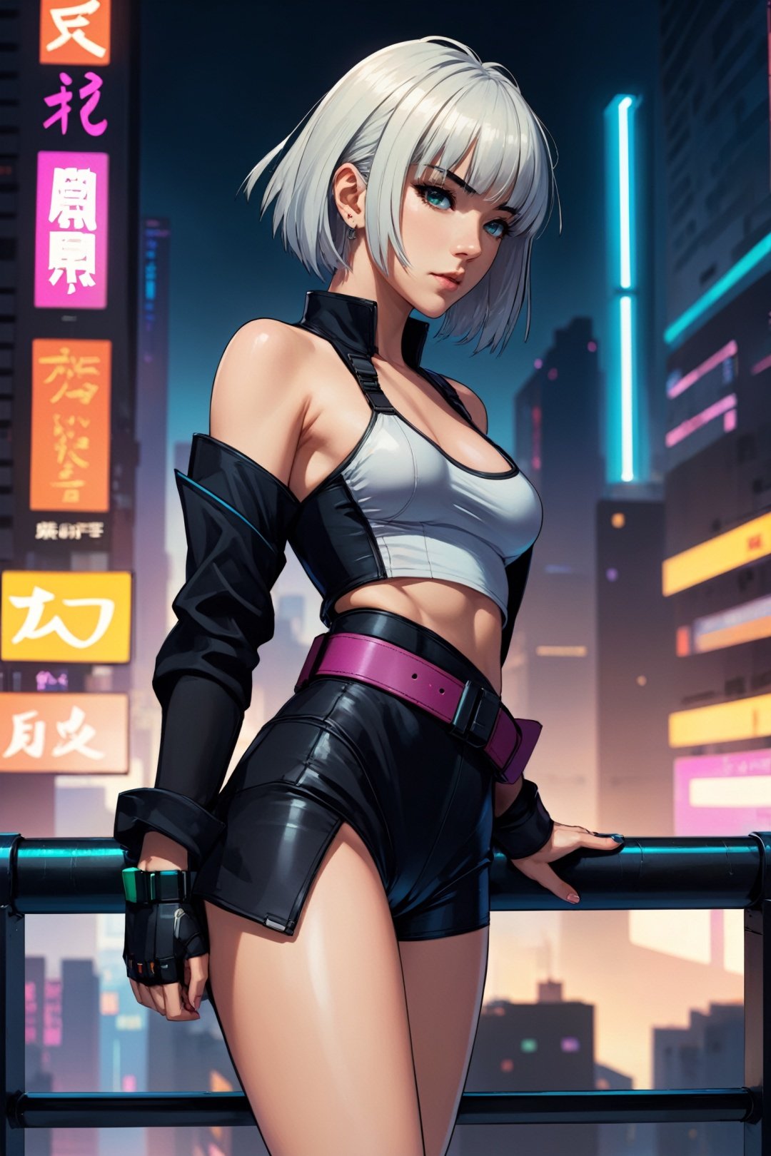  anime artwork lucy \(cyberpunk\), 1girl, white hair, against railing, arm rest, bangs, bare shoulders, belt, black belt, black leotard, black pants, blurry, bob cut, breasts, building, cityscape, clothing cutout, (cropped jacket), cyberpunk, from side, dramatic, key visual, vibrant, highly detailed,