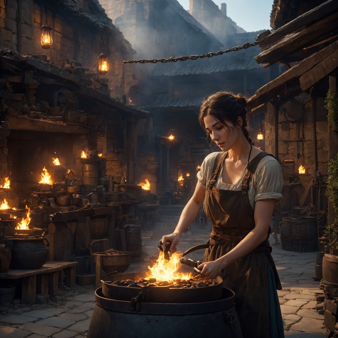 (((photographic))), Euphemina, blacksmith outfit, solo, disdain, wrinkles, shaded face, upper body, looking at viewer, forge background, anvil, sparks (Masterpiece), best quality, (illustration), (ultra-detailed), hyper details, (delicate detailed), (intricate details), octane render, hdr, (hyperdetailed), (soft light), (glowing eyes), ambient occlusion, ambient light, raytraced reflections,(best illumination, an extremely delicate and beautiful), ((cinematic lighting)), (soft), BREAK, 35mm photograph, grainy, professional, 8k, highly detailed, Leica M50 F/1.9