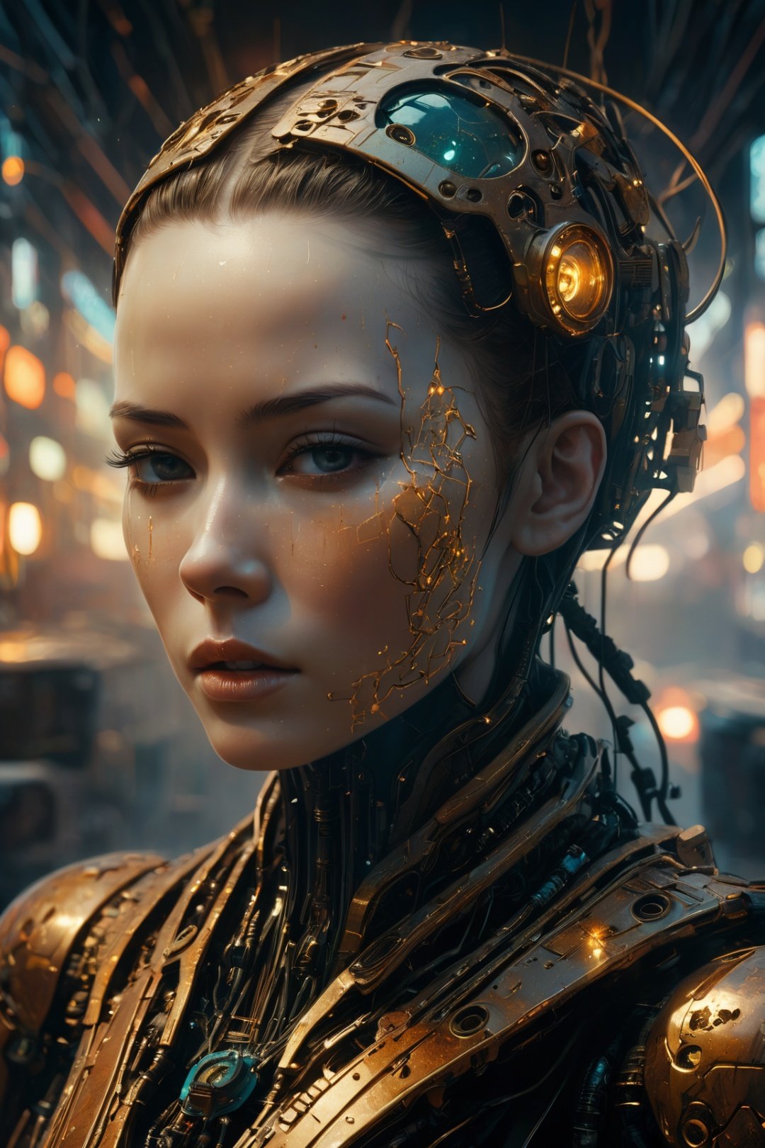 The artwork is a detailed, symmetrical portrait of a cyberpunk neuronet goddess made of delicate broken cracked corrode rust damaged porcelain and lit with backlighting. It was created by Victo Ngai and H. R. Giger and rendered using Octane. The piece is trending on CGsociety and Artstation and is highly detailed and vibrant. It is set in outer space and features a vanishing point and a super highway. It is a digital render and digital painting. 8 k, haze fog smoke, back lighting, sparks spark, fire, silhouette, in a apocalypse destroyed war zone city background, bokeh