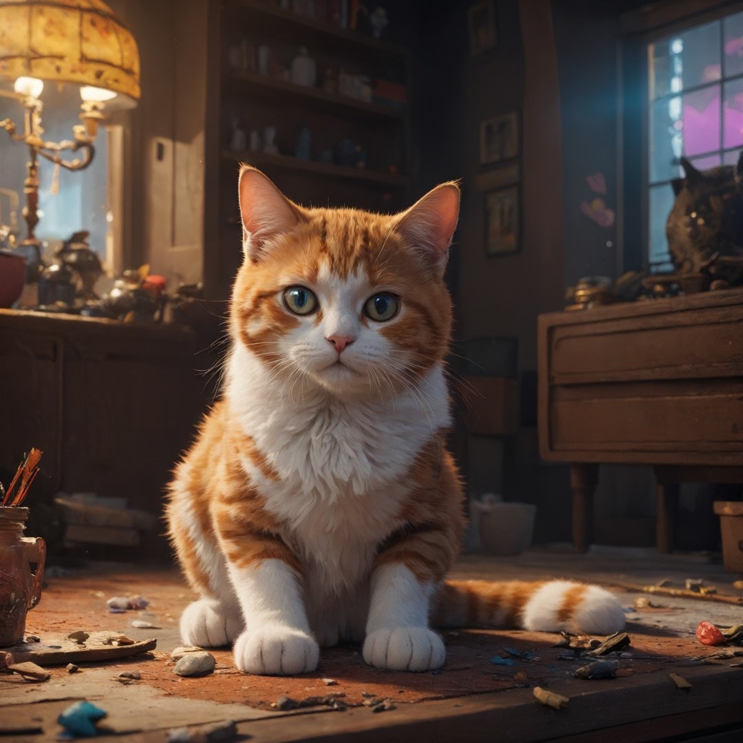 A cute cat, colorful, clutter, ultra detailed, mysterious, scary, perfect environment, cinematic lighting, product photography, unreal engine, 8K