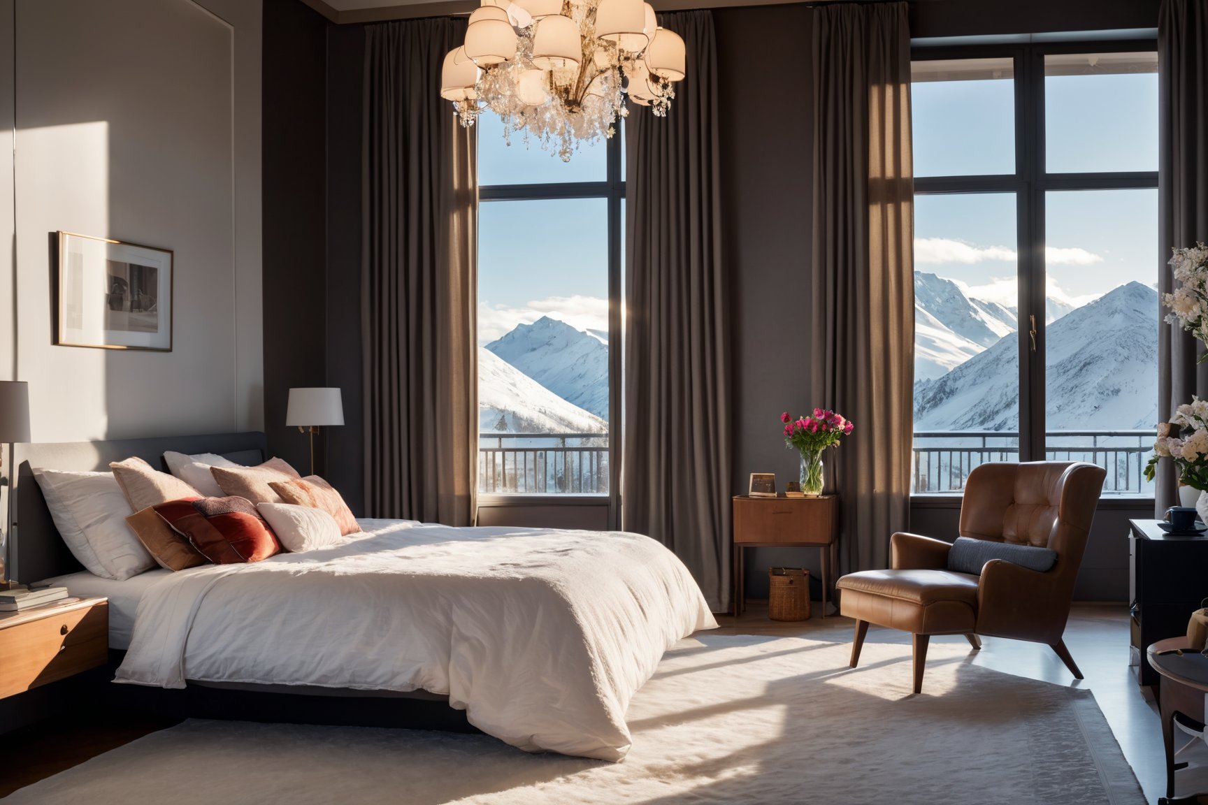  a bedroom photo for test cgart mayfly (model) , modernist style, bed, pillows, flowers, vase, table, sofa, books, flower pots, ornate ceiling lamp, table lamp, chair, curtains,BREAK, panoramic glass window with snow-covered mountains outside, morning sunlight pouring through the window onto the floor, shadows