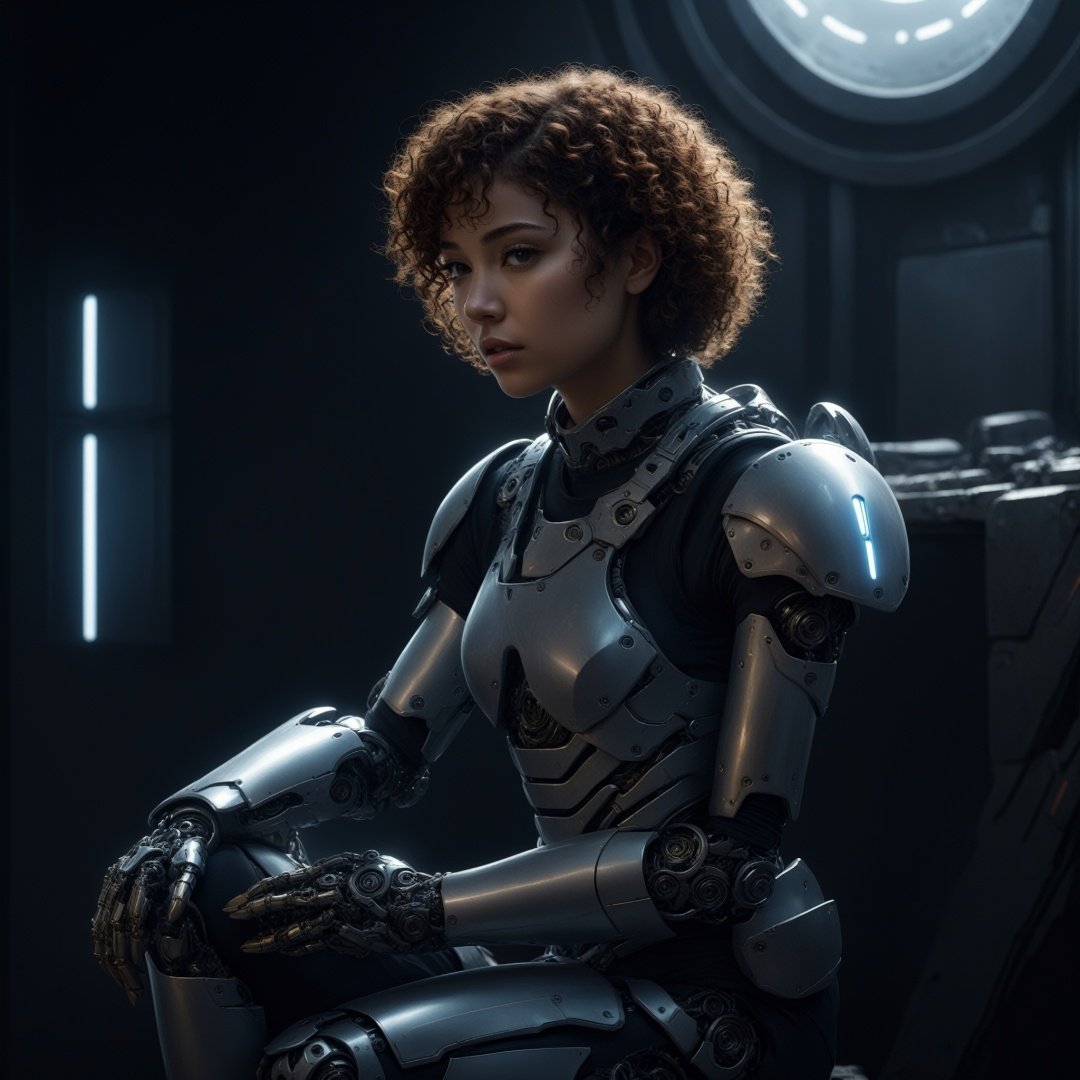 dramatic lighting,1girl,short curly hair,cyborg,armor,biomechanical environment,sitting