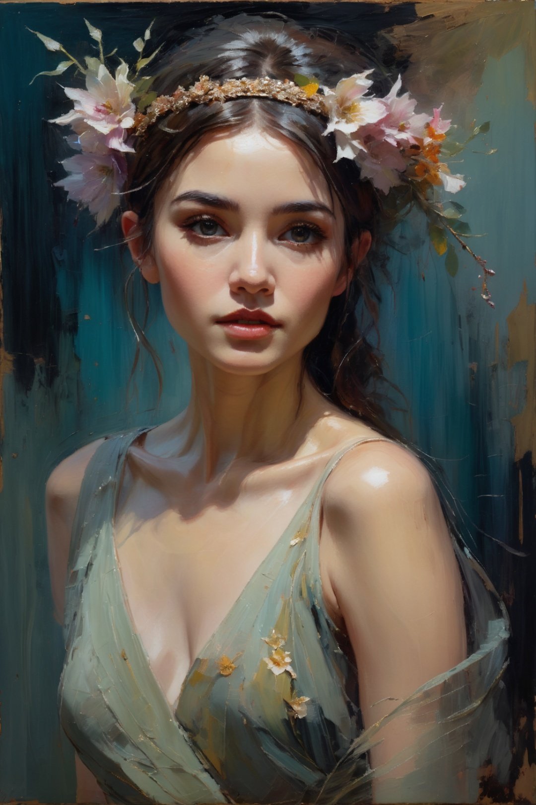  ((amazing quality, award winning, intricately detailed, ultra realistic, extremely detailed 8K)), ((oil painting by Henry Asencio)) portrait of fairy, floral headband, faded art