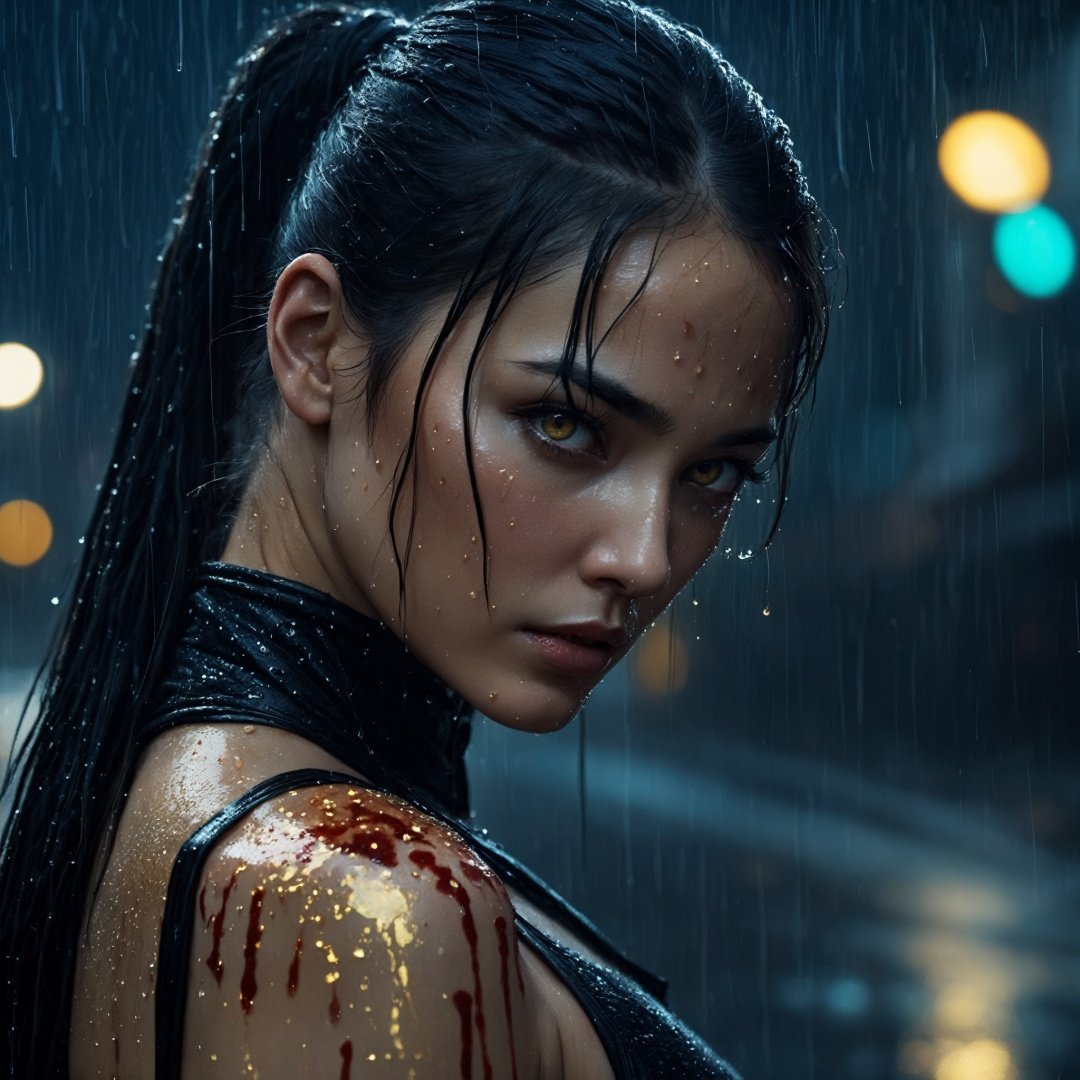Up close photo of a dangerous assassin mysterious, serious expression, long black ponytail, tight bodysuit, night time rain, (luminous golden eyes:1.2), ((best quality)), intricate detailing, luminous back lighting, Cinematic, Filmic, medium shot, 4k, Front-light, Cinematic Lighting(night time:1.1), (rain:1.2), highly detailed skin, blood splatters, blood drops washing away in the rain, scars