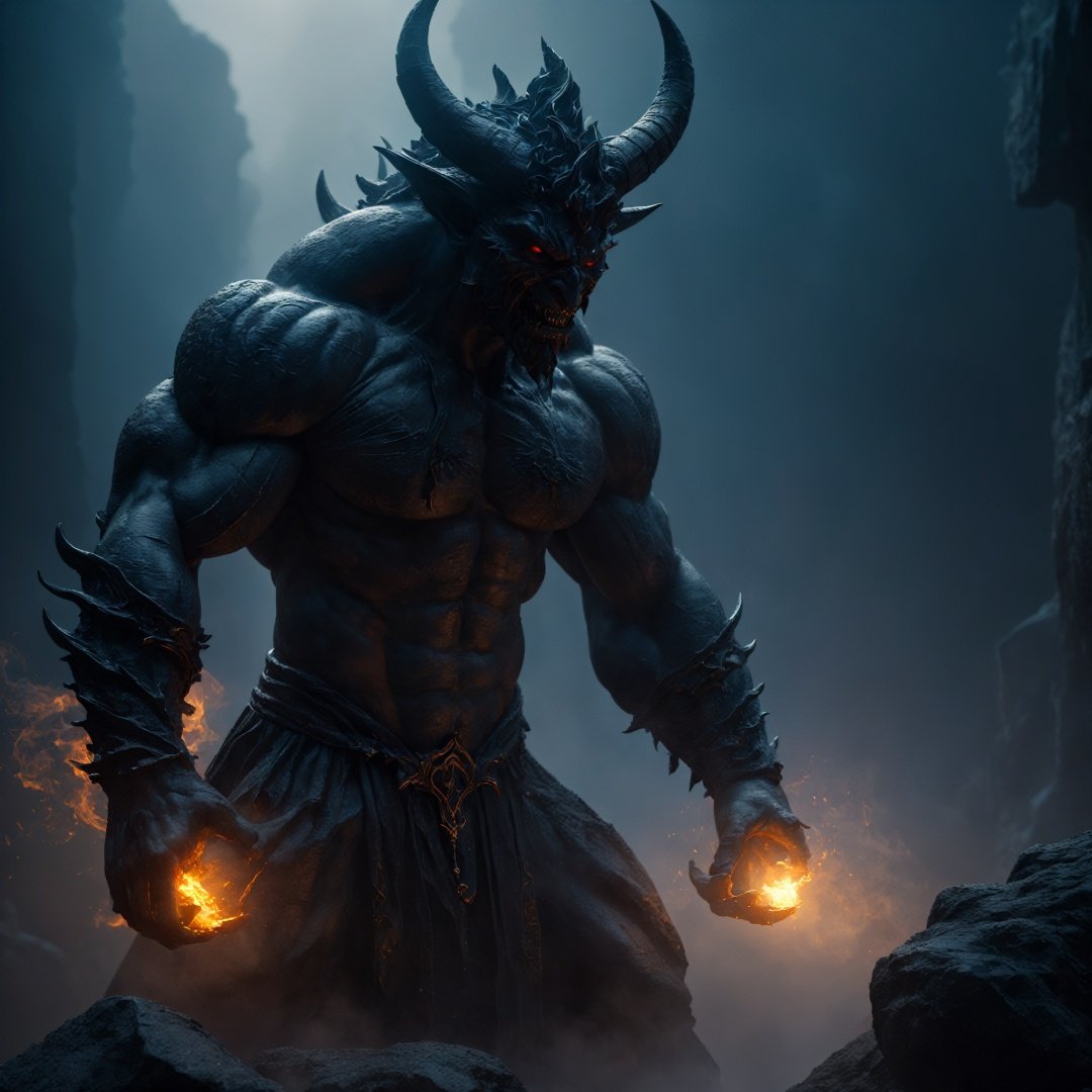 a demon made with black stone, Giovanni Strazza sculpt style , bokesharp focus depth, shadows, mist, fog, very High detailed, cinematic lighting, Cinematic, high detailed, ultra detailed, Accent Lighting, very god colors, realistic, 8k, HDR
