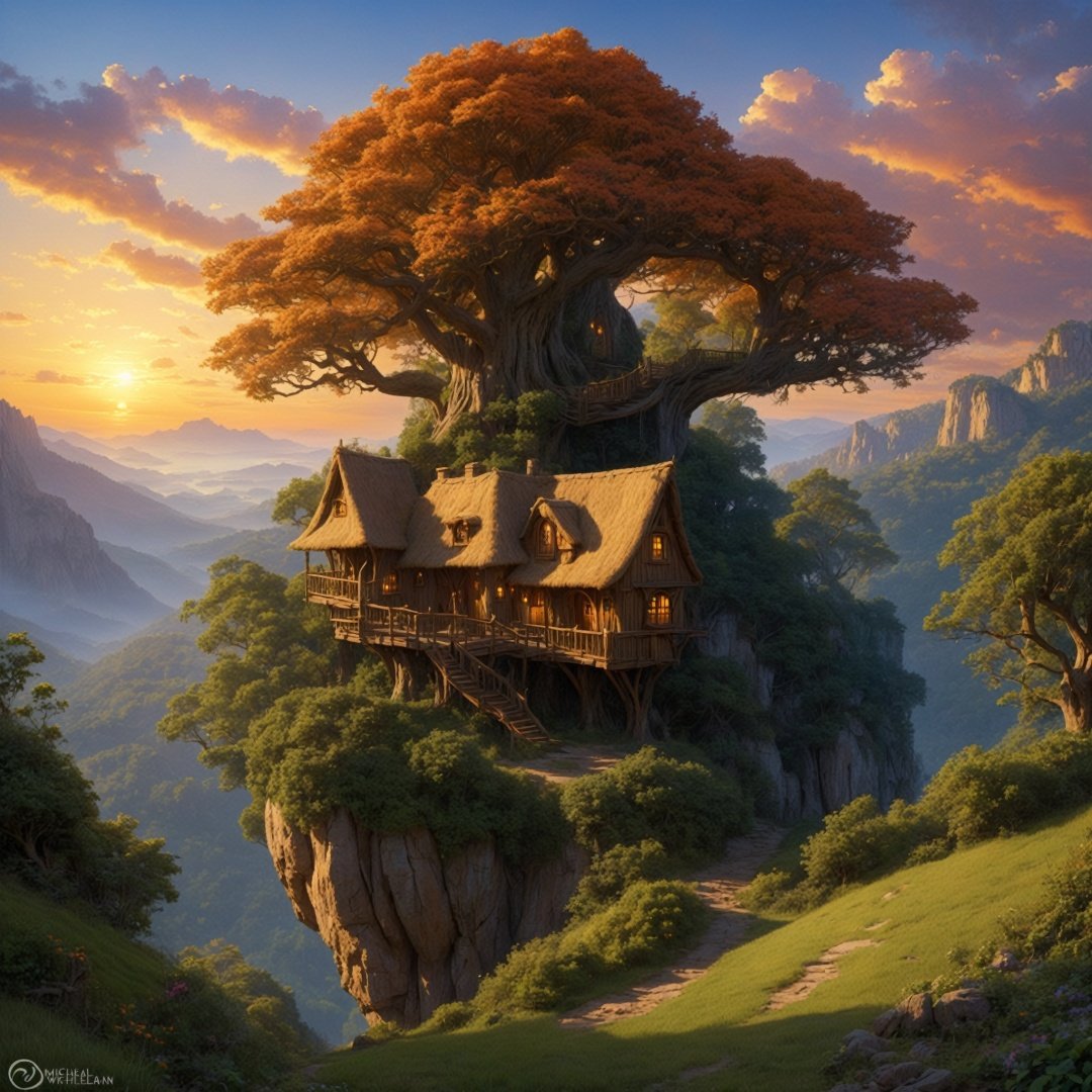 valley, fairytale treehouse village covered, , matte painting, highly detailed, dynamic lighting, cinematic, realism, realistic, photo real, sunset, detailed, high contrast, denoised, centered, michael whelan