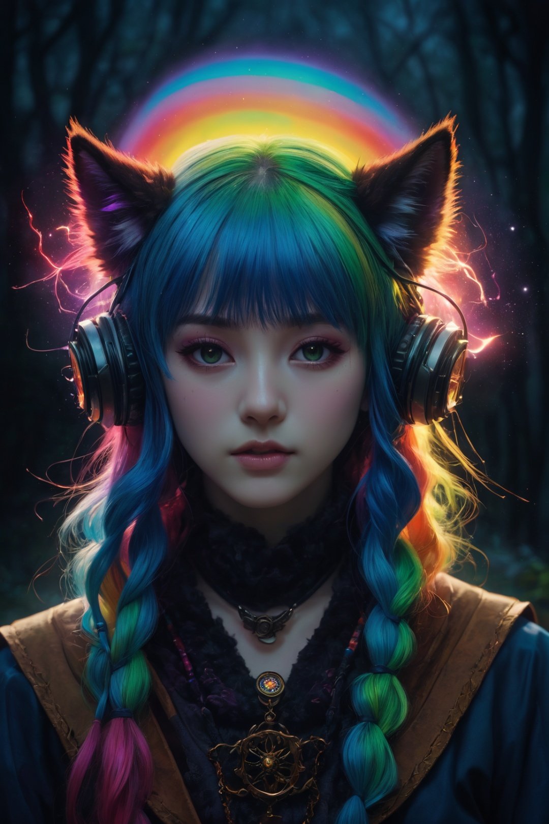 masterpiece, best quality, ultra high res, highly detailed, (psychedelic art:1.4), (woman, demon:1.3), (floating in dark mist:1.1), furry girl, anime furry women, ((best quality)), ((masterpiece)), ((realistic)), (detailed), portrait, close up, young female, RAW photo, uhd, dslr, rainbow hair, high quality, realistic, photo realistic, dreamlikeart, lens flare, upper body, looking at viewer, animal focus, furry, wolf fursuit, 1girl, cute, kawaii, lovely, fur, fur head, wolf head, narrow waist, wolf ears, black chocker, blush, paw, paw shoes, rainbow clothes, stunning gradient colors, no watermark signature, detailed background, woods, small lake with island, insanely detailed, visually stunning, wicked, hypnotic, alluring, cowboy shot, intricate, perferct shading, veil, beautiful, award-winning illustration, cosmic space background, ethereal atmosphere, ultra quality, beautiful girl, cosmical concept, rainbow strings, rainbow skin, rainbow bloody veins growing and intertwining out of the darkness, nailed wire, oozing thick blue blood, sharp neon, veins growing and pumping blood, vascular networks growing, green veins everywhere, yin and yang, glowing space, glowing stars, infinity symbol, dynamic pose, flying pose, glowing body, (rainbow aura:1.1), beautiful angel, clockwork, lightning, majestic, breathtaking