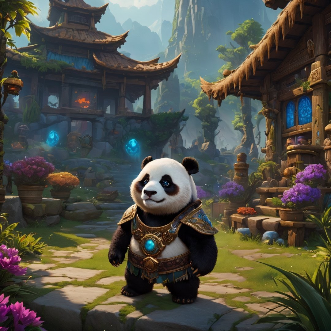 A cute panda Man in World of Warcraft, colorful, clutter, ultra detailed, mysterious, scary, perfect environment, cinematic lighting, product photography, unreal engine, 8K