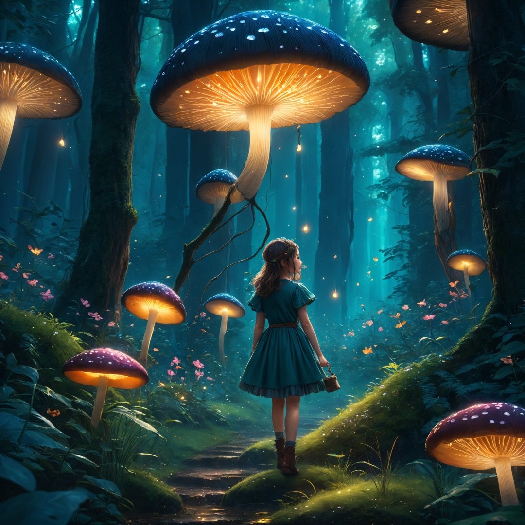 masterpiece, best quality, high quality,extremely detailed CG unity 8k wallpaper, An enchanting and dreamy scene of a fantasy forest, (with towering trees), glowing mushrooms, and hidden fairy glens, creating a sense of mystique and enchantment, BREAK, (1 cute girl, solo, chasing fireflies:1.5, full body), artstation, digital illustration, intricate, trending, pastel colors, oil paiting, award winning photography, Bokeh, Depth of Field, HDR, bloom, Chromatic Aberration ,Photorealistic,extremely detailed, trending on artstation, trending on CGsociety, Intricate, High Detail, dramatic