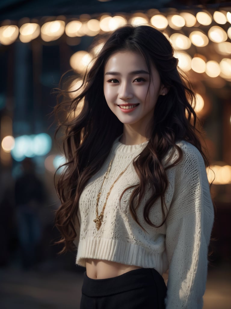 photorealistic, night, dark shadow, low profile, cold light, an oriental girl, exquisite facial features, smile, white teeth, thin chain decoration, light color sweater, bust, breast beauty, hot figure, long and long hair, fluffy big wavy hairstyle, a lot of hair covering the chest, long legs, side, depth of field, panoramic view