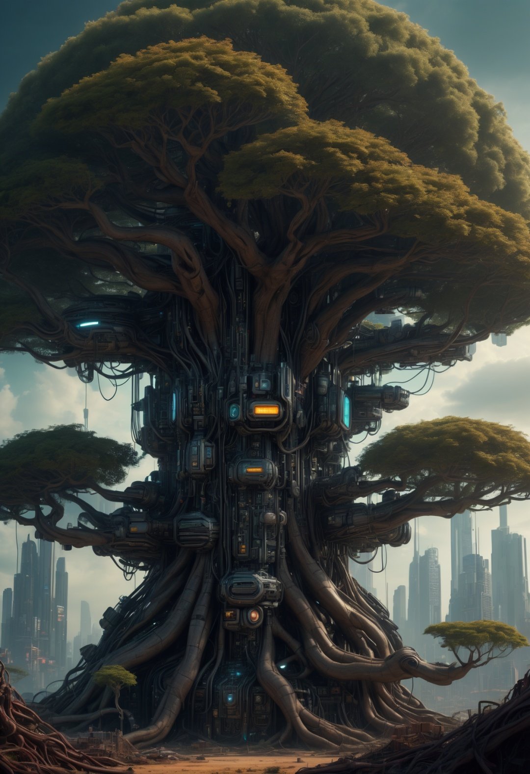  (science fiction tree:1.1), robotic world, electronics, cyberpunk, world tree, highly detailed, High dynamic range, vivid, rich details, cinemascope, moody, epic, Sky Fantasy