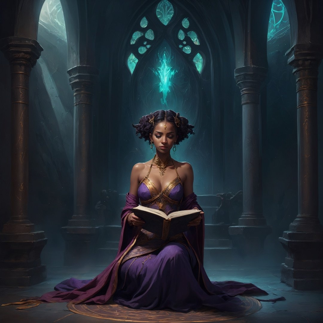 award winning, Dota style, Narrow Oversized Moorish Morrigan, Reading, Sitting with elbows on knees, Scottish hair, vibrant, ethereal magical atmosphere, key visual