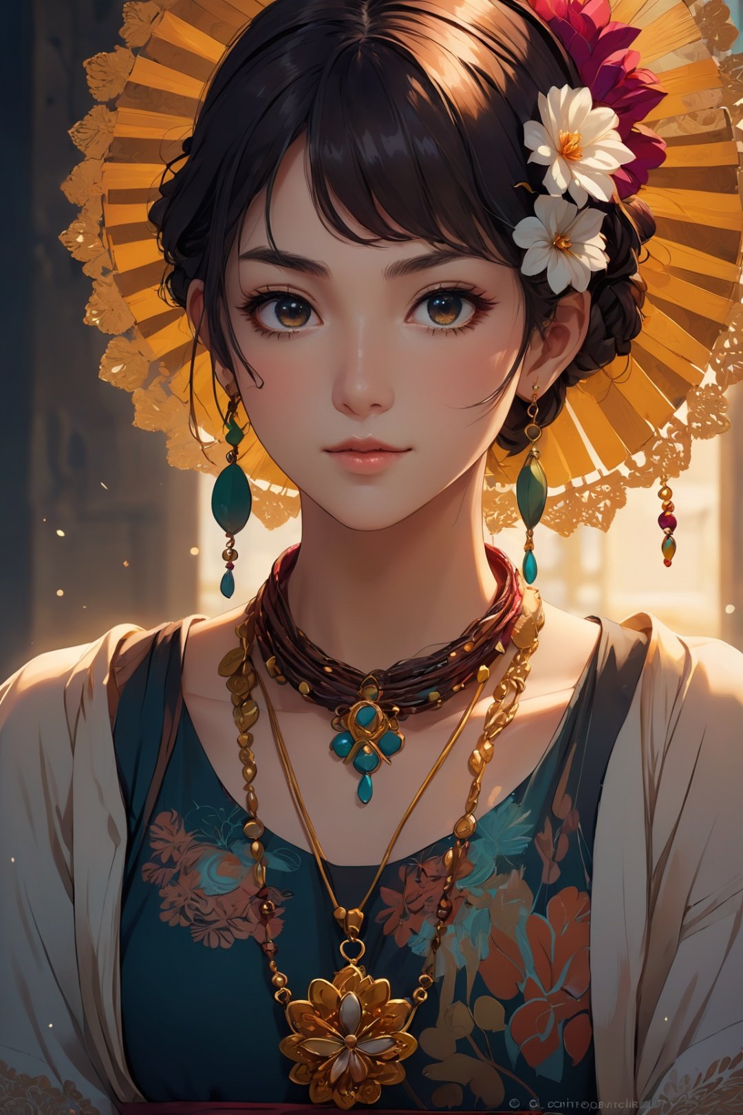  anime artwork a girl, dressed in bohemian handmade traditional costumes,the beige lace headscarf tied up the hair,head wearing a beautiful flower,standing in the shadows,strong light and dark contrast,the body has a complicated handmade ornament necklace bracelet,long necklace with big decorations,dramatic, key visual, vibrant, highly detailed, studio anime, anima color