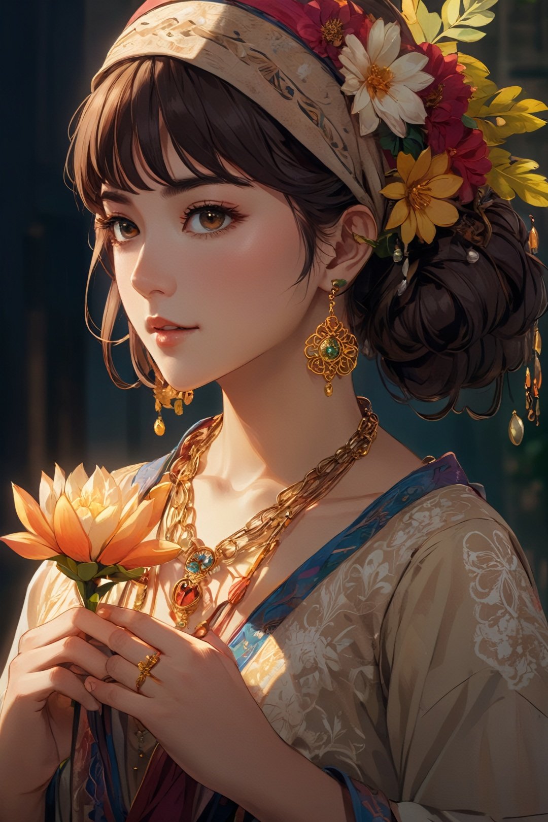  anime artwork a girl, dressed in bohemian handmade traditional costumes,the beige lace headscarf tied up the hair,head wearing a beautiful flower,standing in the shadows,strong light and dark contrast,the body has a complicated handmade ornament necklace bracelet,long necklace with big decorations,dramatic, key visual, vibrant, highly detailed, studio anime, anima color