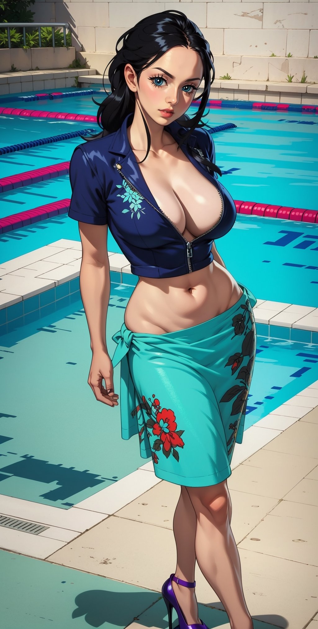(head fully in frame:1.3), (beautiful face:1.5), (cowboy shot:1.3), looking at viewer, beautiful eyes, (curvy:1.3), (large breasts:1.3), (wide hips:1.2), narrow waist, (abs), (arms behind back:1.4),  rizdraws, thick lineart, (film grain:1.2), (semi-traditional artstyle:1.3),, , , robinop, NicoRobin, (blue eyes:1.4), long hair,  black hair, (open hair:1.4), long skirt, black hair, navel, cleavage, very long hair, collarbone, short sleeves, midriff, high heels, crop top, blue jacket, sunglasses, blue shirt, sunglasses on head, orange long skirt, hair slicked back, partially unzipped, sarong,, (private swimming pool:1.3), summer, daylight, shiny tiles, (light blue tiles:1.4), modern,nico robin,NicoRobin