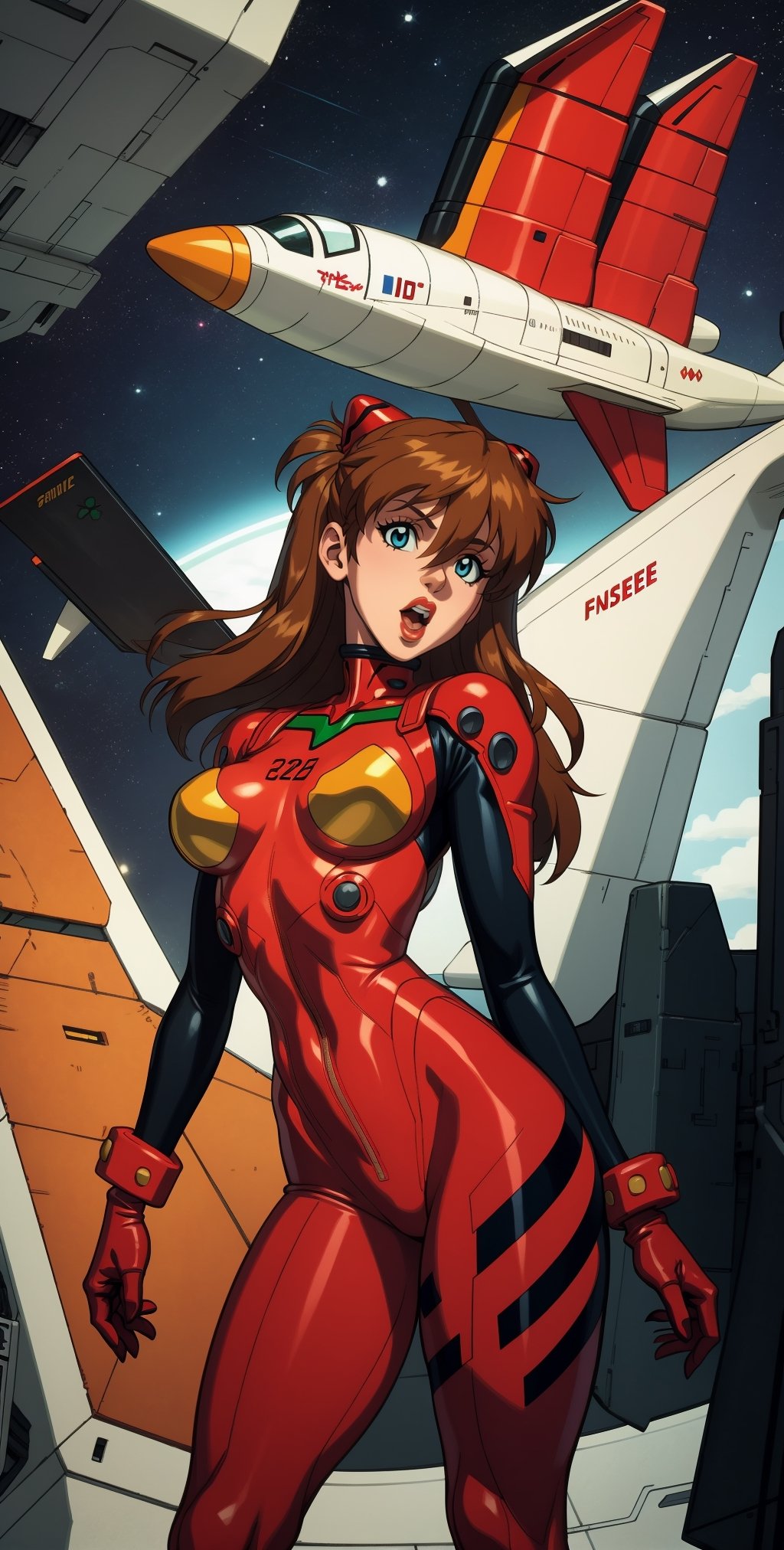 1girl, (solo:1.2), curvy, (masterpiece:1.2), (best quality:1.2), (perfect anatomy:1.4), (standing:1.4), (singing:1.2), energetic, (large breasts:1.2), (cowboy shot:1.4)  souryuu_asuka_langley, plugsuit, bodysuit, interface headset, (red bodysuit:1.3), hair between eyes, pilot suit, (technology), (space shuttle interior:1.2), inside, futuristic,,  neoartcore, pinup, (soft shading:1.2),souryuuasukalangley