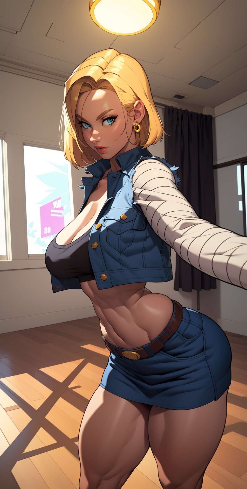 (dynamic pose:1.5), (foreshortening:1.6), (head fully in frame:1.3), (beautiful face:1.5), (cowboy shot:1.3), looking at viewer, beautiful eyes, (curvy:1.3), (large breasts:1.3), (wide hips:1.2), narrow waist, (abs),  rizdraws, thick lineart, (film grain:1.2), (semi-traditional artstyle:1.3),,  and18, 1girl, android 18, solo, blonde hair, blue eyes, short hair, earrings, jewelry, denim vest, open vest, black pantyhose, black shirt, denim skirt, striped long sleeves, blue skirt, large breasts, (testing facility:1.4), (yellow-red markings:1.3), inside, high ceiling, ceiling lights, tiled, modern, (large room:1.5), electricy cables on the floor:1.2),Android_18_DB