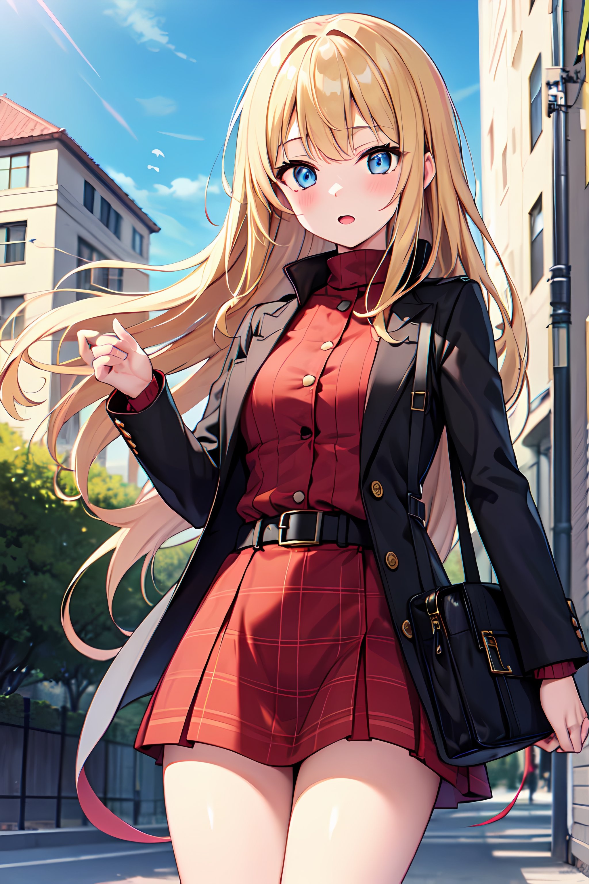 (absurdres,  highres,  ultra detailed,  high resolution: 1.1),
BREAK
1girl, solo, medium breasts, blush, open mouth, parted lips,
BREAK
White Skin, long hair, blue eyes, bangs, blonde hair, very long hair,
BREAK
dress, red dress, long sleeves, belt, bag, jacket, open clothes, black jacket, turtleneck, open jacket, black belt, thighs, buttons, buckle, plaid, short dress, belt buckle,
BREAK
blue sky, looking at viewer, cowboy shot, standing, day, tree, building, street,
BREAK
nice hands, perfect hands,