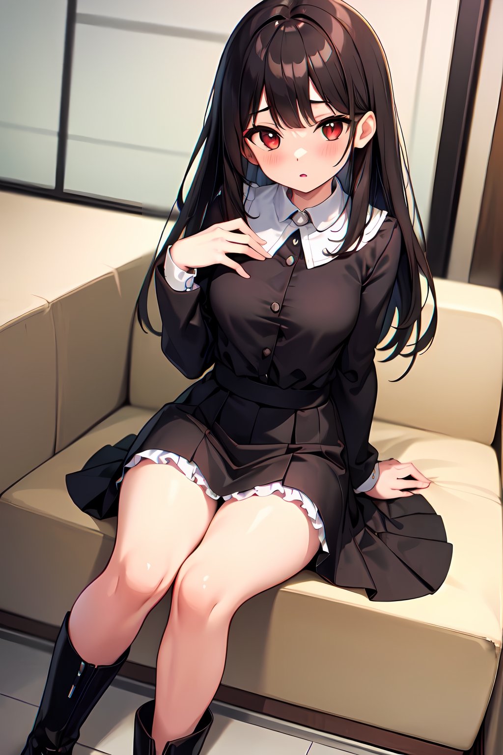 (absurdres,  highres,  ultra detailed,  high resolution: 1.1),
BREAK
1girl, solo, medium breasts, blush,
BREAK
red eyes, long hair, black hair, bangs, parted lips, brown hair,
BREAK
long boots, black footwear, long sleeves, dress, white skirt, frills, skirt, thighs, sidelocks,
BREAK
looking at viewer, sitting, knees up,
BREAK
nice hands, perfect hands,