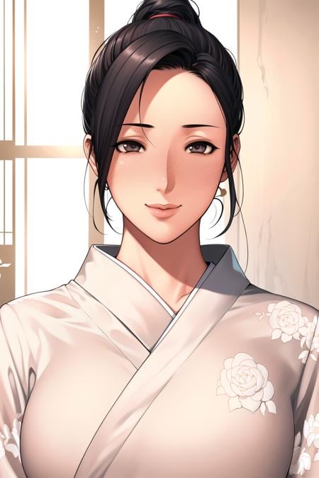 Simple White Background,beige kimono,white rose print,japanese clothes,wide sleeves,long sleeves,black eyes, black hair,Forehead,parted bangs,<lora:Oda_Non_Style-KK77-V2:0.7>,<lora:more_details:0.1>,1 girl, 20yo,Young female,Beautiful Finger,Beautiful long legs,Beautiful body,Beautiful Nose,Beautiful character design, perfect eyes, perfect face,expressive eyes,perfect balance,looking at viewer,(Focus on her face),closed mouth, (innocent_big_eyes:1.0),Light_Smile,official art,extremely detailed CG unity 8k wallpaper, perfect lighting,Colorful, Bright_Front_face_Lighting,shiny skin,(masterpiece:1.0),(best_quality:1.0), ultra high res,4K,ultra-detailed,photography, 8K, HDR, highres, absurdres:1.2, Kodak portra 400, film grain, blurry background, bokeh:1.2, lens flare, (vibrant_color:1.2),professional photograph,(Beautiful,large_Breasts:1.4), (beautiful_face:1.5),(narrow_waist),