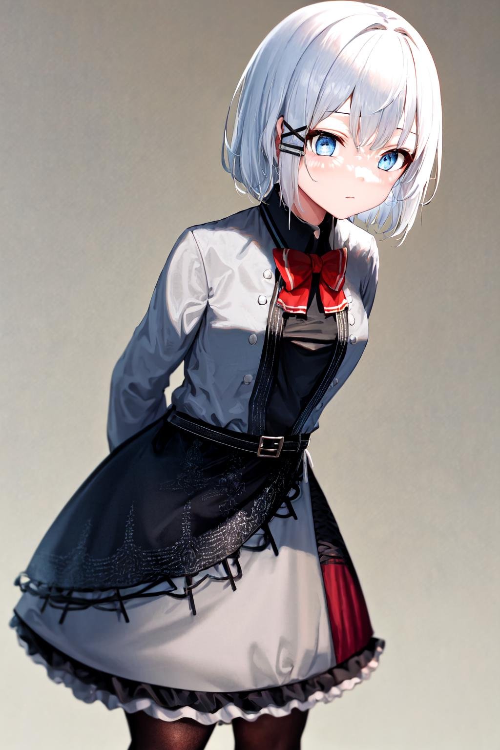 masterpiece, best quality, highres, 1girl white hair blue eyes x hair ornament, red bowtie black shirt grey jacket grey dress black skirt black belt frills black pantyhose <lora:siesta:1> standing, leaning forward, arms behind back