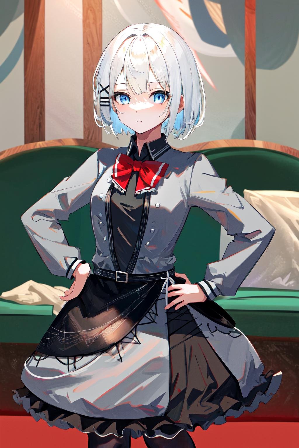 masterpiece, best quality, highres, 1girl white hair blue eyes x hair ornament, red bowtie black shirt grey jacket grey dress black skirt black belt frills black pantyhose <lora:siesta:1> hand on hip